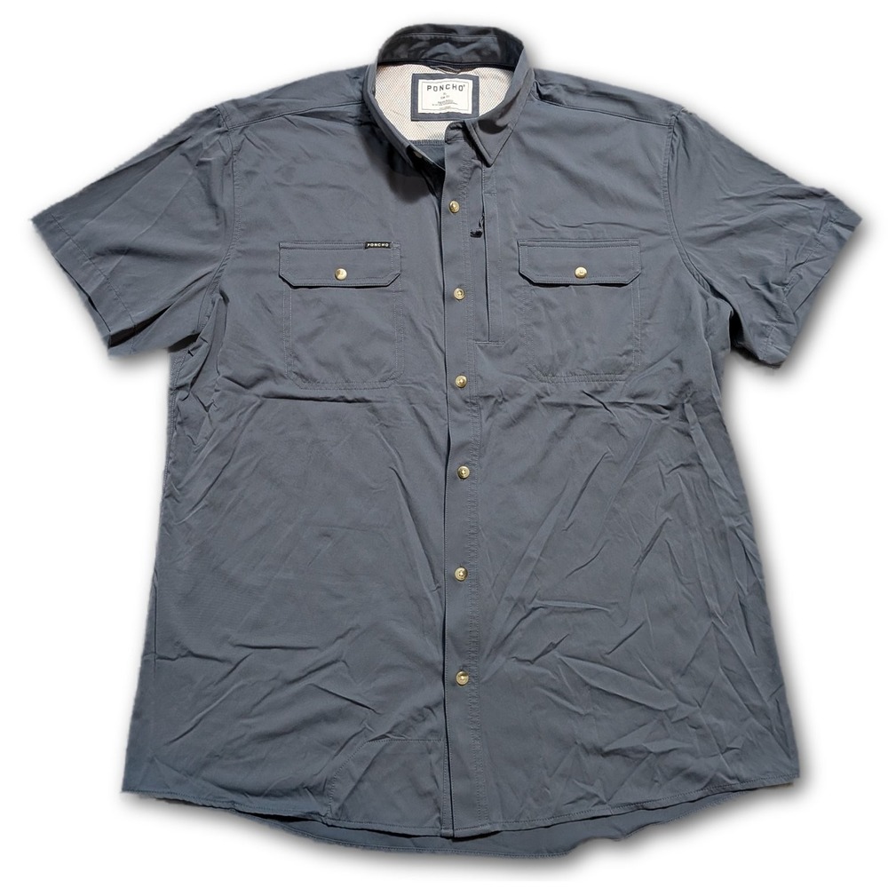 Poncho Mens XL Button-Down Shirt Slate Slim Fit Magnetic Pockets Vents Casual